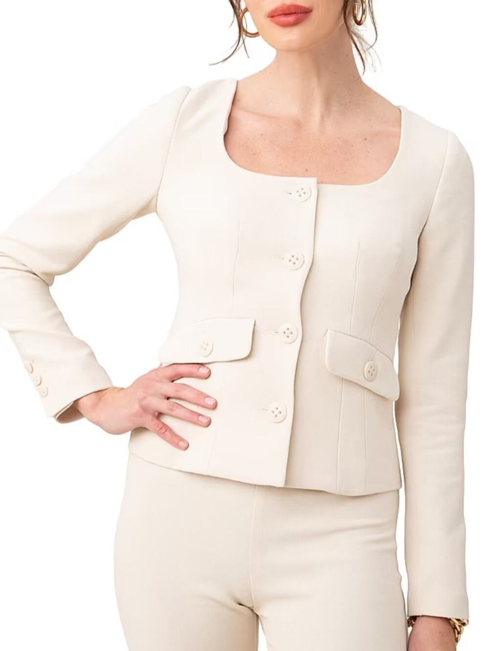 Trina Turk Cream Square-Neck Button Blazer